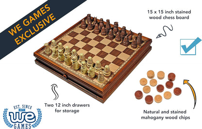 WE Games Medieval Chess & Checkers Game Set - Wood Board with Storage Drawers 15 in.