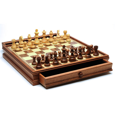 French Staunton Chess & Checkers Set - Weighted Pieces, Brown & Natural Wooden Board with Storage Drawers - 15 in.