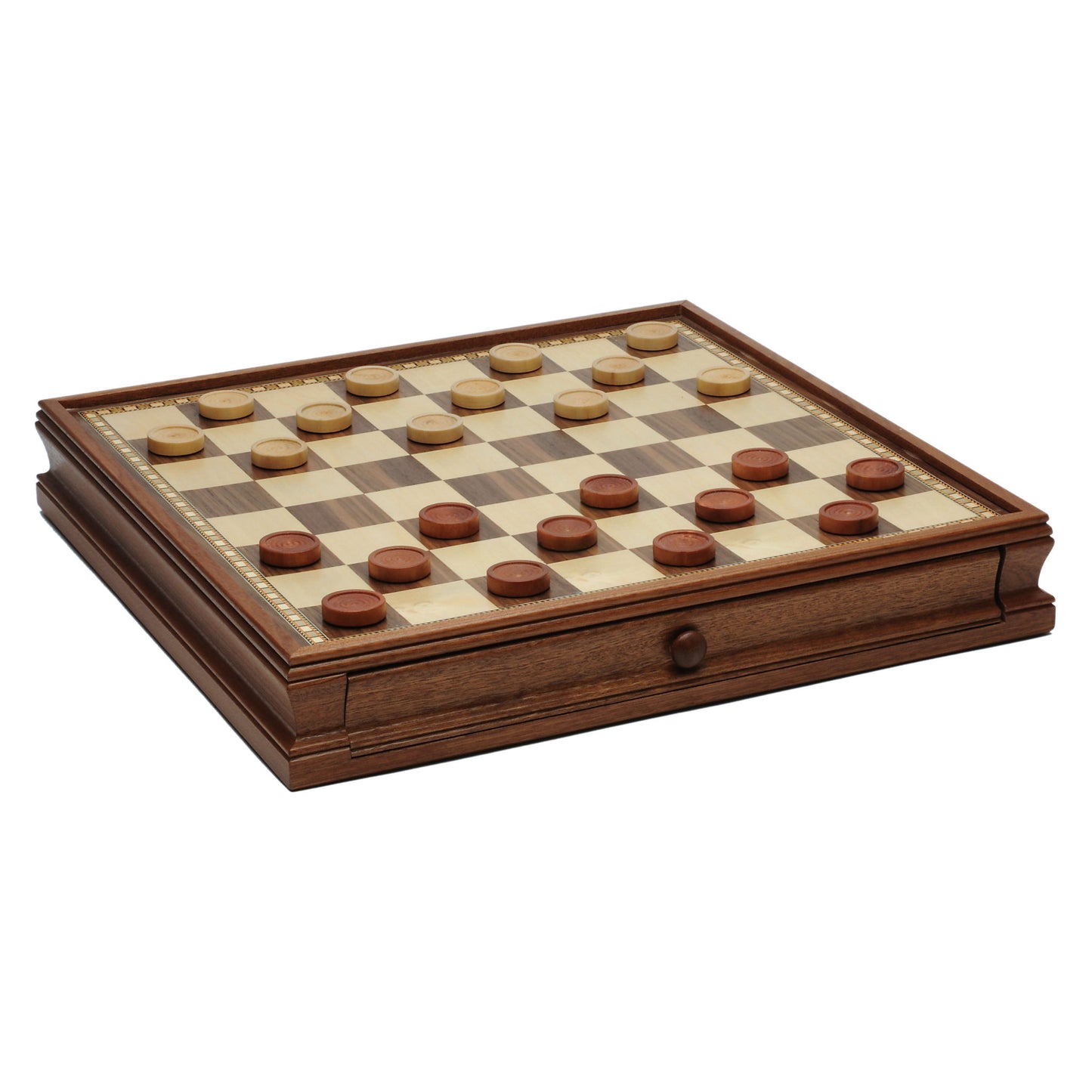 French Staunton Chess & Checkers Set - Weighted Pieces, Brown & Natural Wooden Board with Storage Drawers - 15 in.