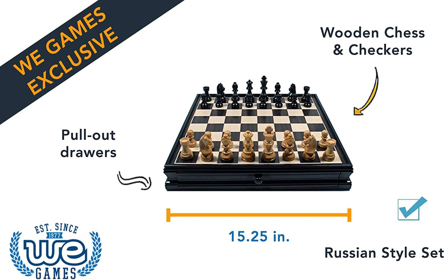 WE Games French Staunton Chess & Checkers Set - Weighted Pieces, Black Stained Wooden Board with Storage Drawers - 15 in.