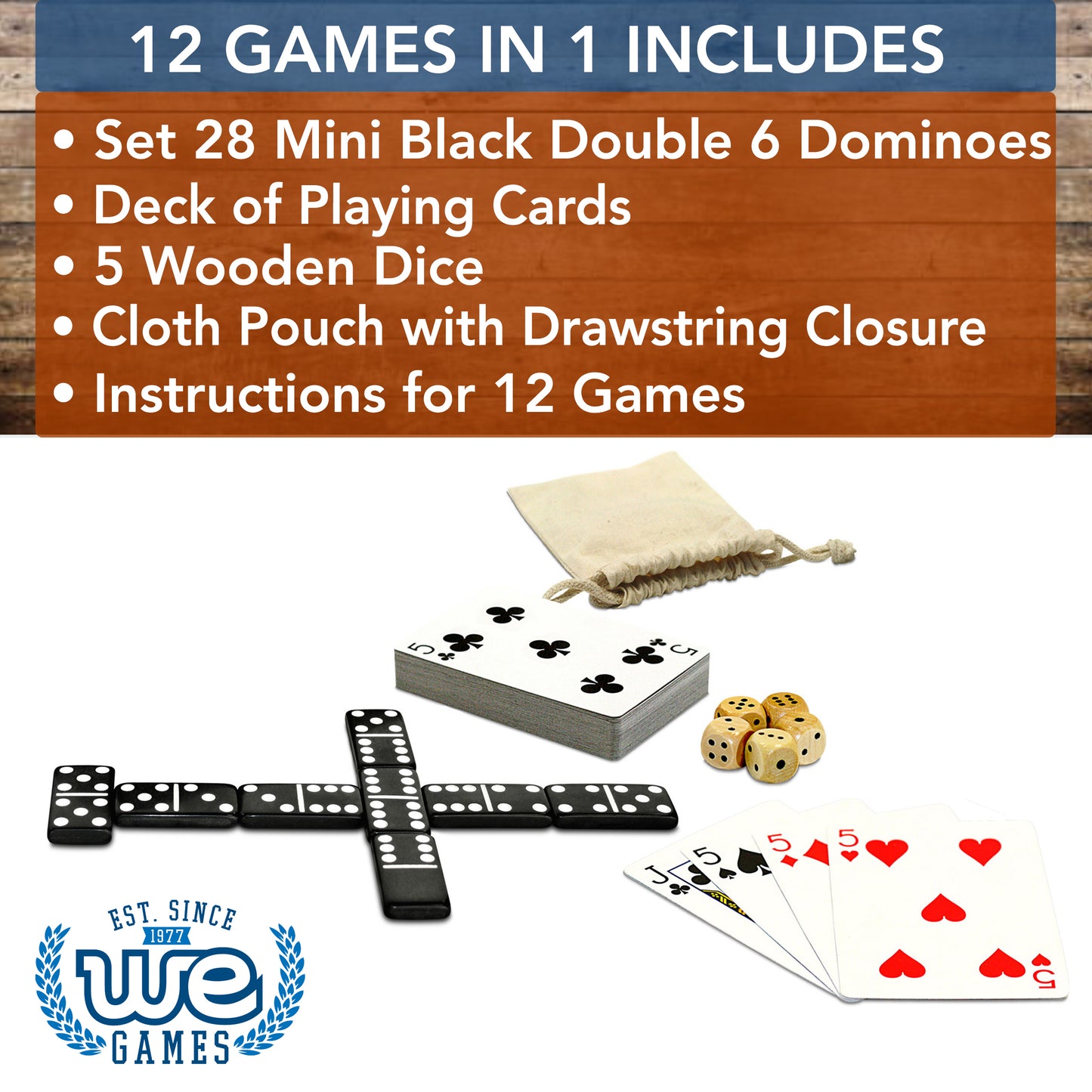 WE Games Mini Double 6 Dominoes, Dice and Card Travel Game