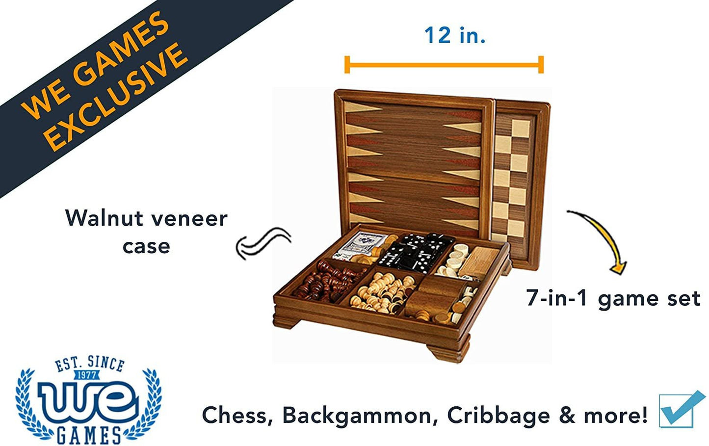 WE Games Walnut 7-Games-in-1 Combination Game Set - Includes Chess, Checkers, Backgammon, Dominoes, Cribbage, Poker, Dice and Cards