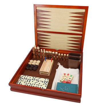 WE Games 7-in-1 Combination Wood Game Set – 12 inch board – Includes Chess, Checkers, Backgammon, Dominoes, Cribbage, Poker Dice, Cards