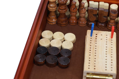 WE Games 7-in-1 Combination Wood Game Set – 12 inch board – Includes Chess, Checkers, Backgammon, Dominoes, Cribbage, Poker Dice, Cards