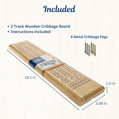 WE Games Classic Cribbage Set - Solid Wood Continuous 2 Track Board with Metal Pegs