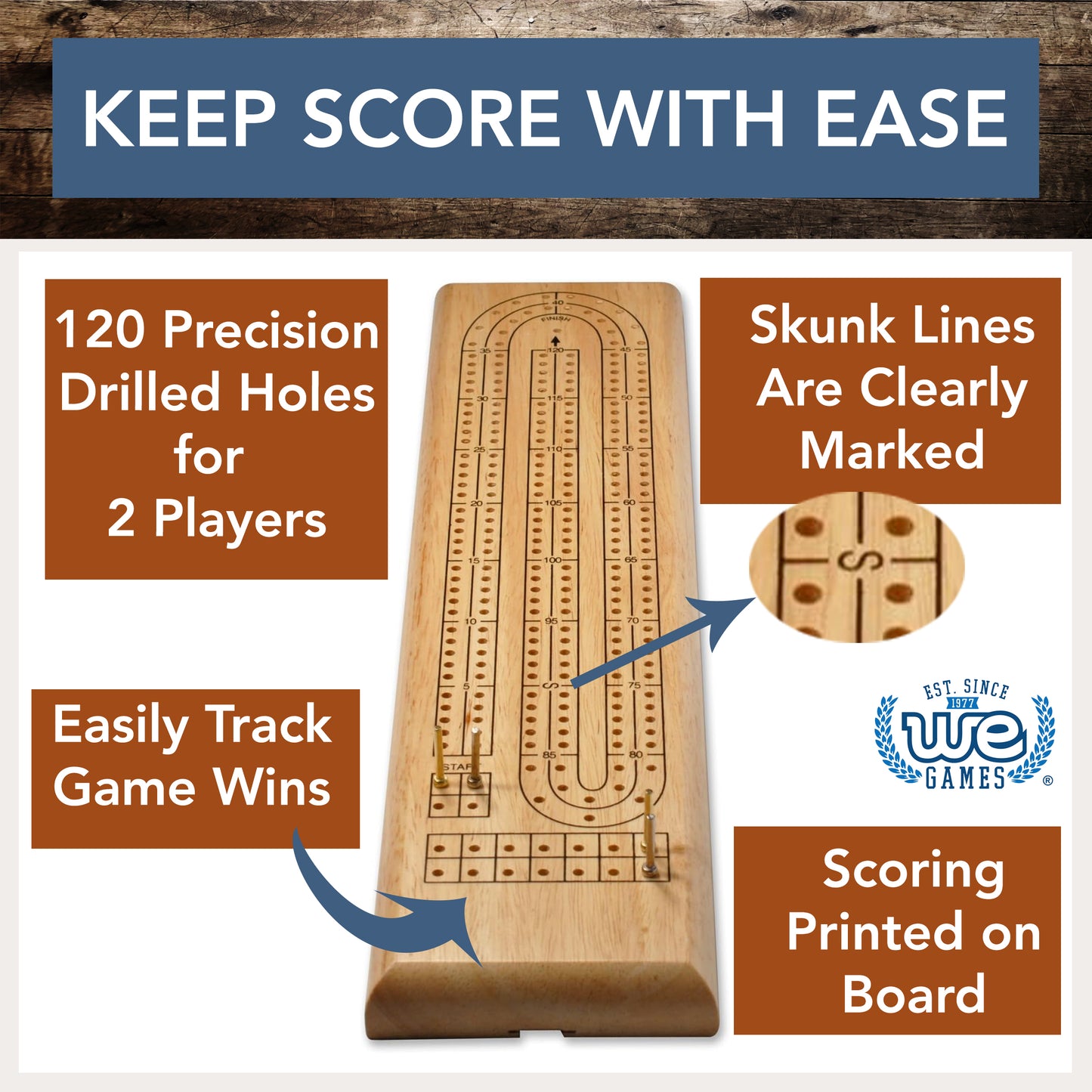 WE Games Classic Cribbage Set - Solid Wood Continuous 2 Track Board with Metal Pegs