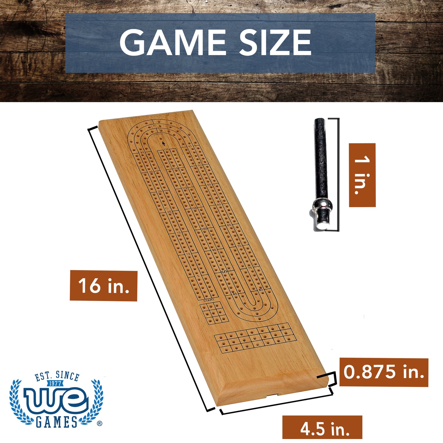 WE Games Classic Cribbage Set - Solid Wood Continuous 3 Track Board with Metal Pegs