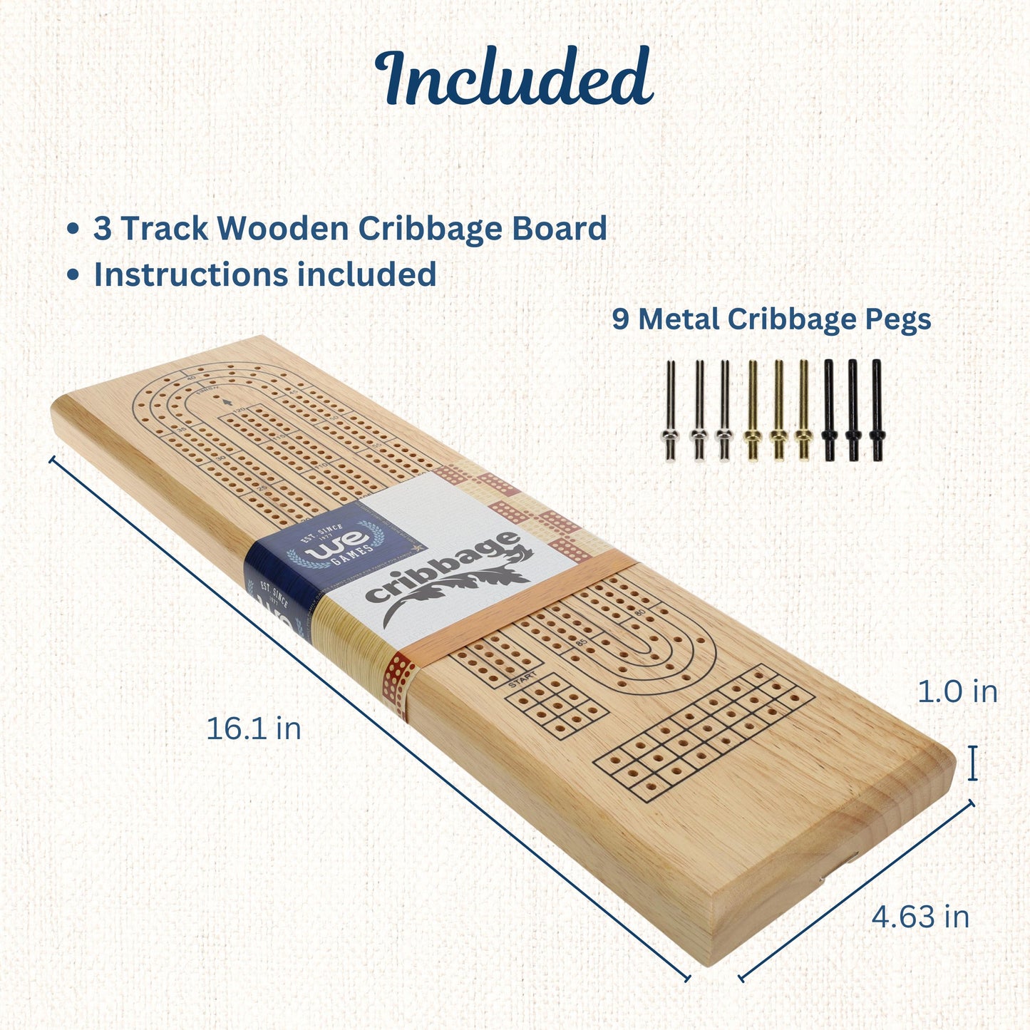 WE Games Classic Cribbage Set - Solid Wood Continuous 3 Track Board with Metal Pegs
