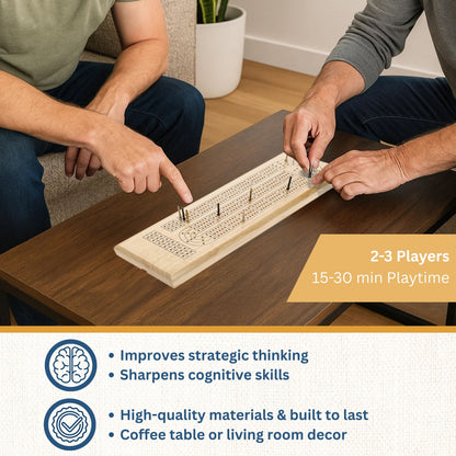 WE Games Classic Cribbage Set - Solid Wood Continuous 3 Track Board with Metal Pegs