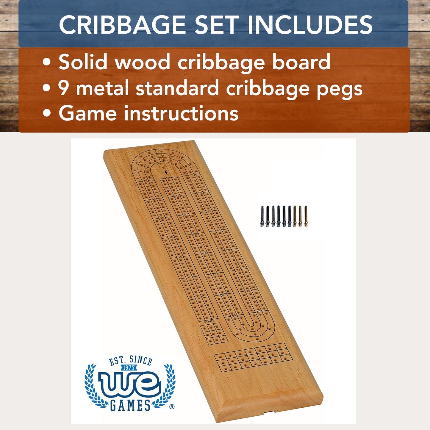 WE Games Classic Cribbage Set - Solid Wood Continuous 3 Track Board with Metal Pegs