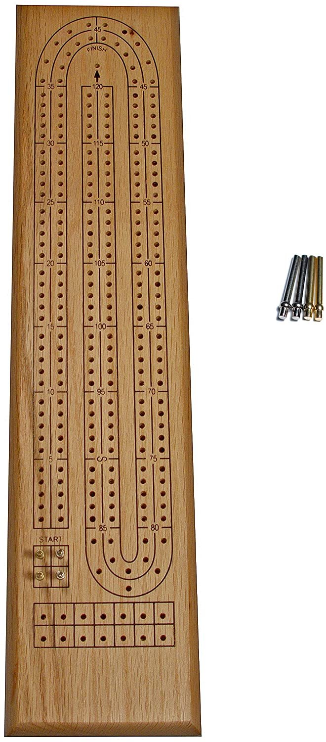 WE Games Classic Cribbage Set - Solid Wood Continuous 2 Track Board with Metal Pegs