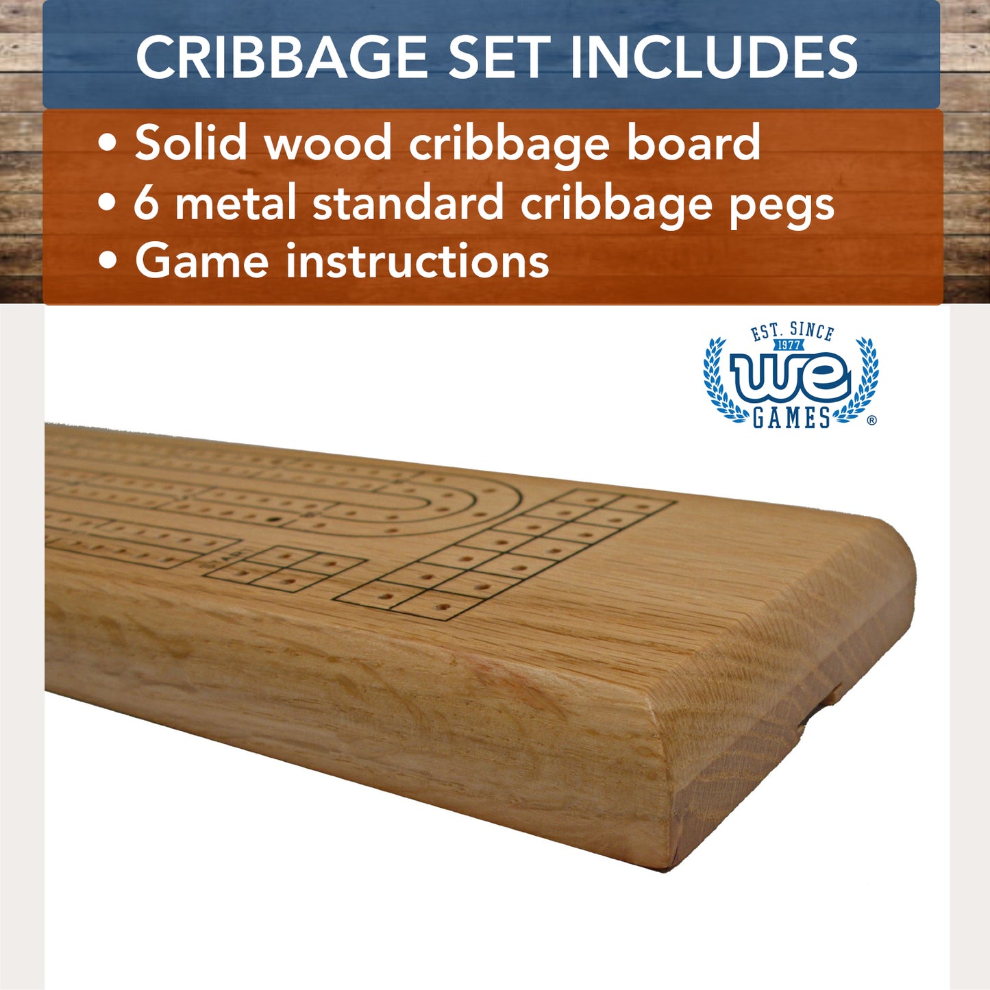 WE Games Classic Cribbage Set - Solid Wood Continuous 2 Track Board with Metal Pegs