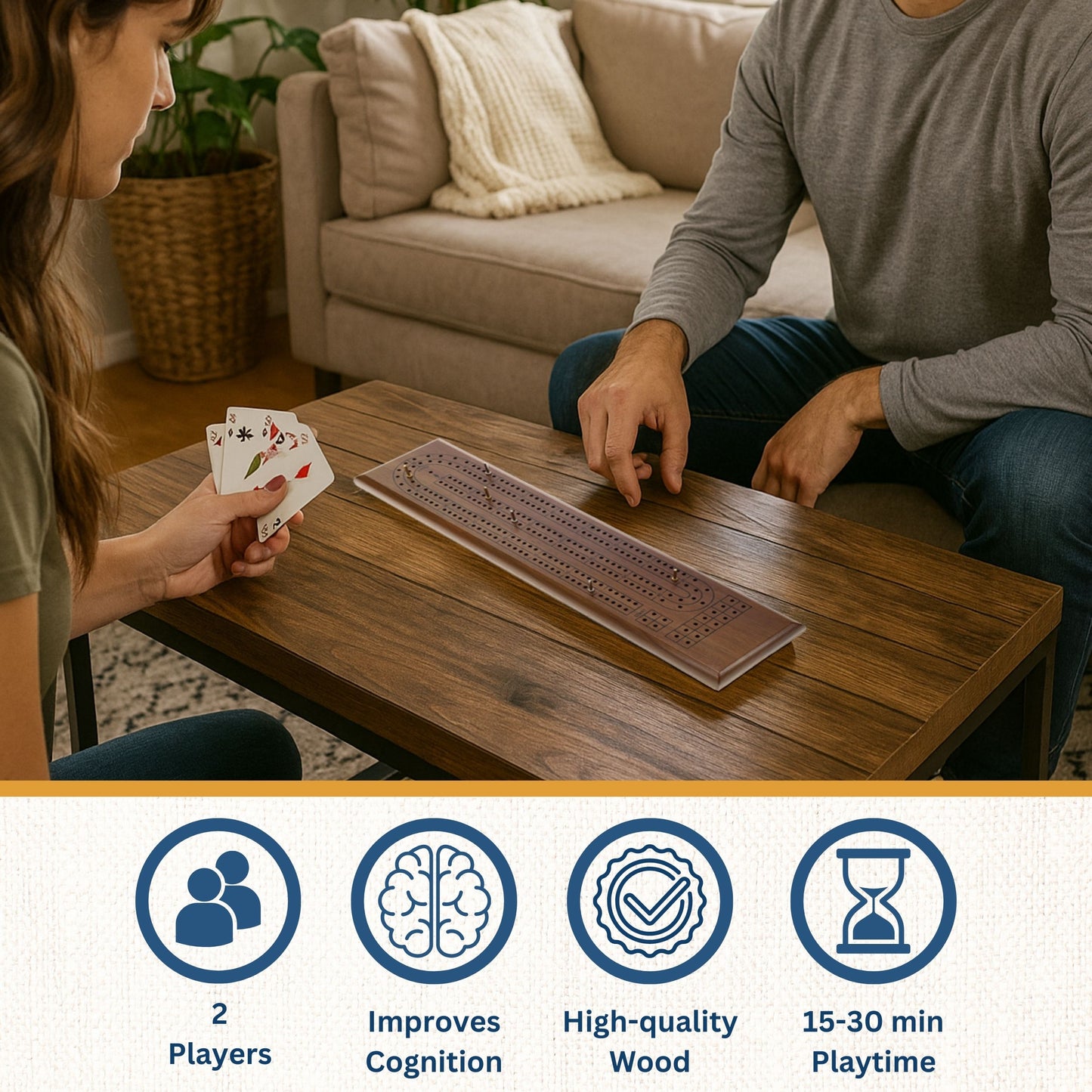 WE Games Classic Cribbage Set - Solid Wood Continuous 2 Track Board with Metal Pegs