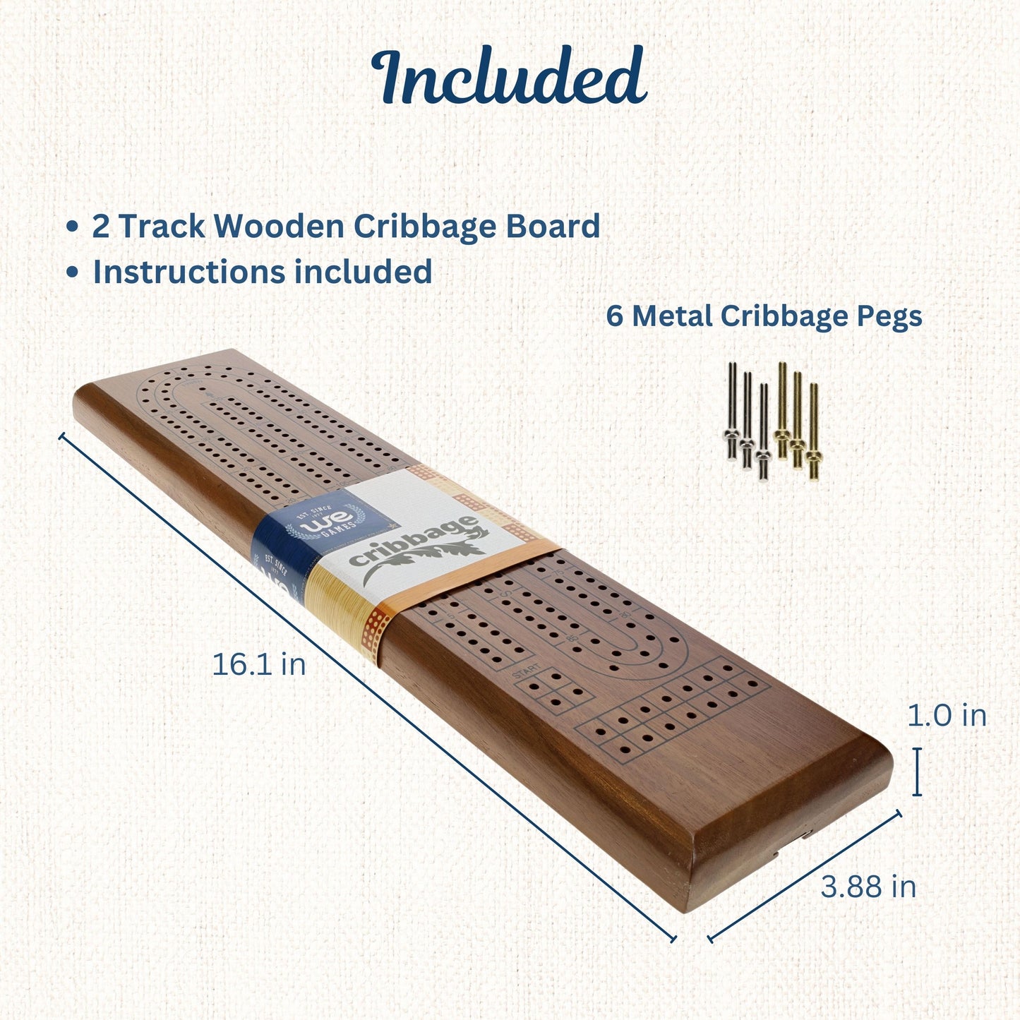 WE Games Classic Cribbage Set - Solid Wood Continuous 2 Track Board with Metal Pegs
