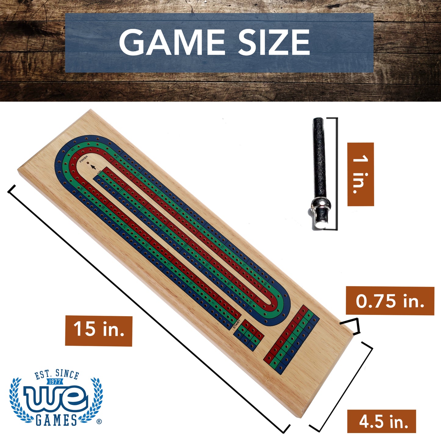 WE Games Classic Cribbage Set - Solid Wood TriColor Continuous 3 Track Board with Metal Pegs