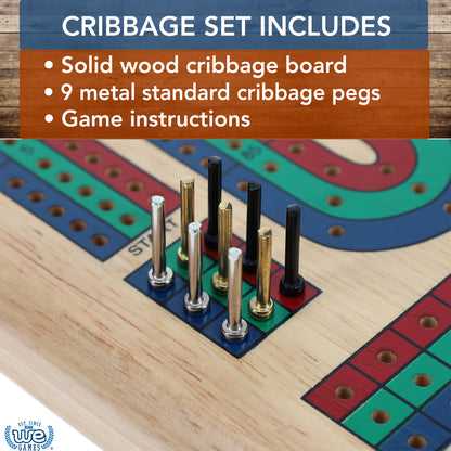 WE Games Classic Cribbage Set - Solid Wood TriColor Continuous 3 Track Board with Metal Pegs