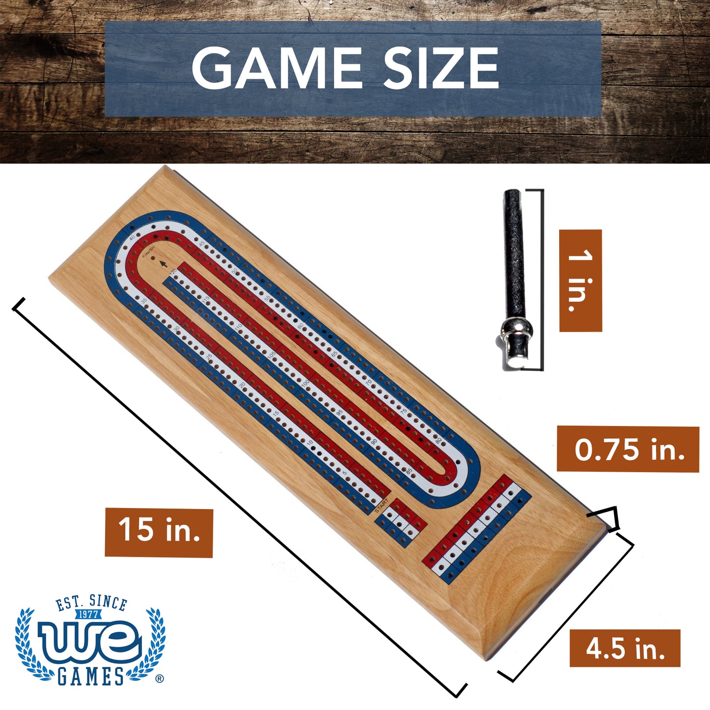 WE Games Classic Cribbage Set - Solid Wood TriColor Continuous 3 Track Board with Metal Pegs