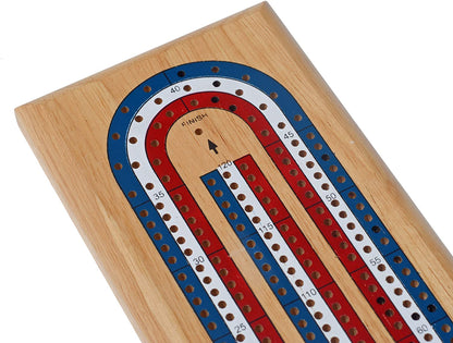 WE Games Classic Cribbage Set - Solid Wood TriColor Continuous 3 Track Board with Metal Pegs