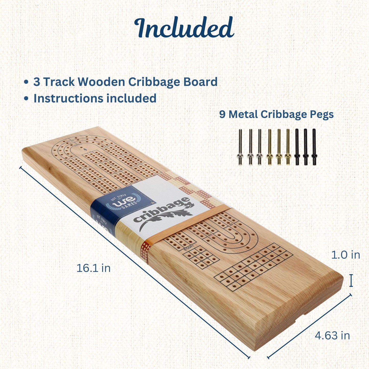 WE Games Classic Cribbage Set - Solid Wood Continuous 3 Track Board with Metal Pegs