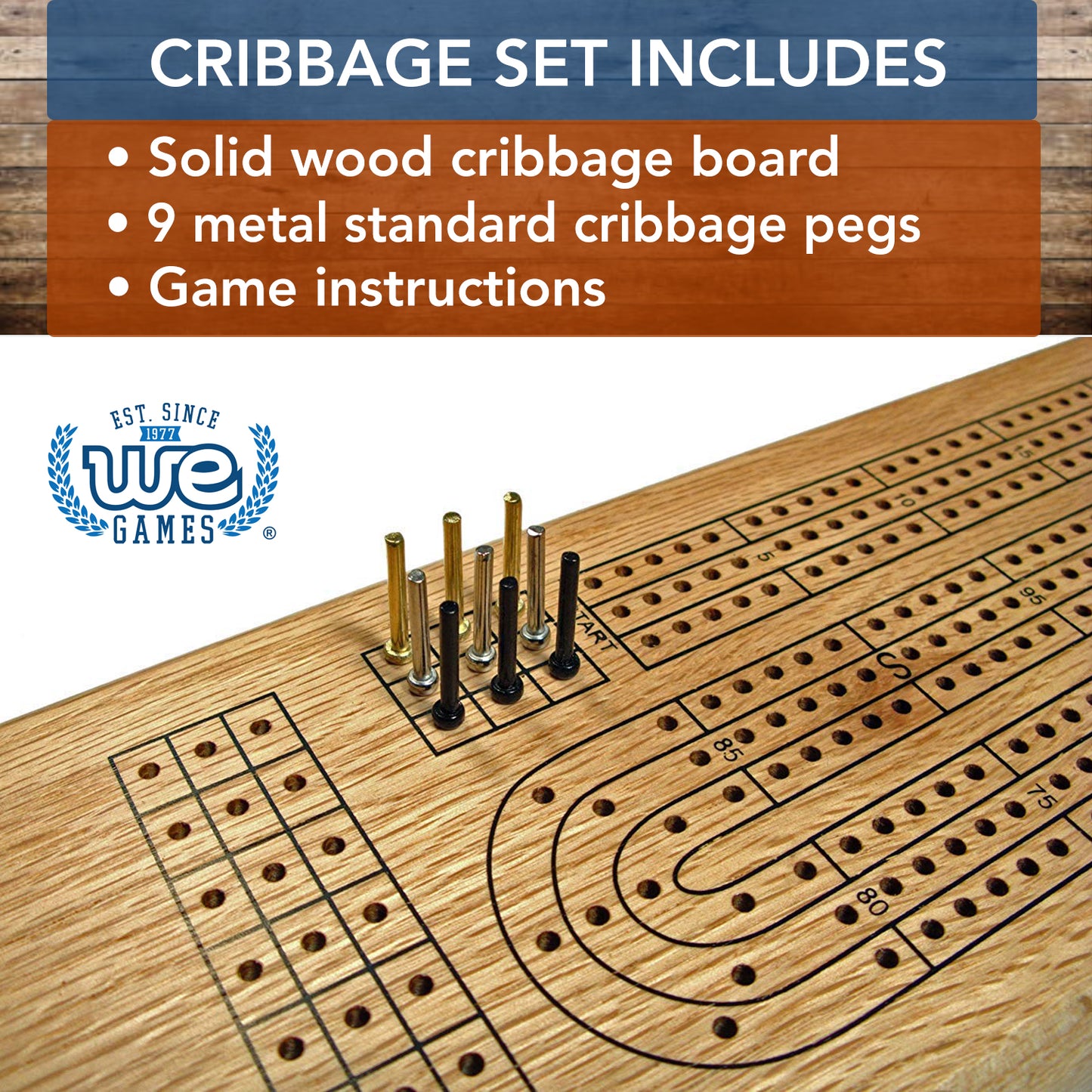 WE Games Classic Cribbage Set - Solid Wood Continuous 3 Track Board with Metal Pegs