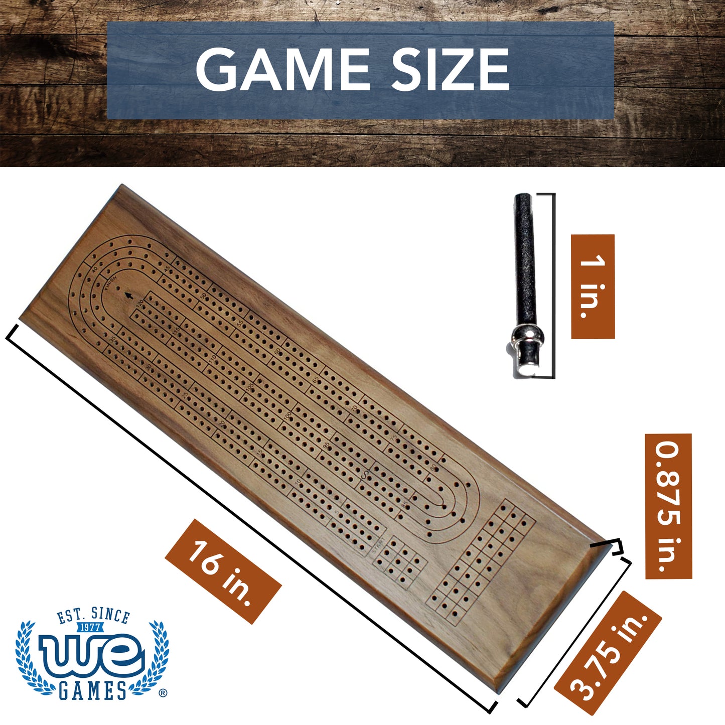 WE Games Classic Cribbage Set - Solid Wood Continuous 3 Track Board with Metal Pegs