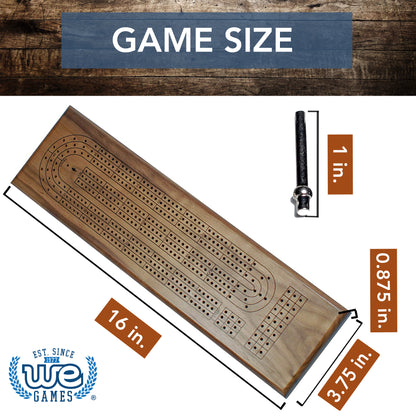 WE Games Classic Cribbage Set - Solid Wood Continuous 3 Track Board with Metal Pegs