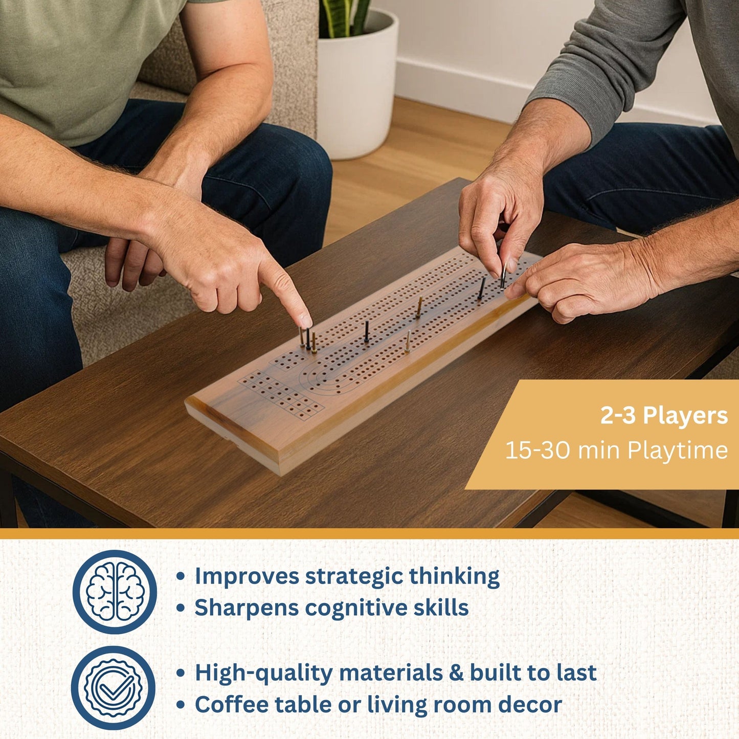 WE Games Classic Cribbage Set - Solid Wood Continuous 3 Track Board with Metal Pegs