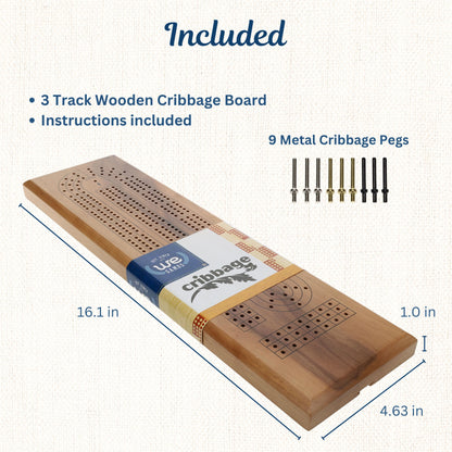 WE Games Classic Cribbage Set - Solid Wood Continuous 3 Track Board with Metal Pegs