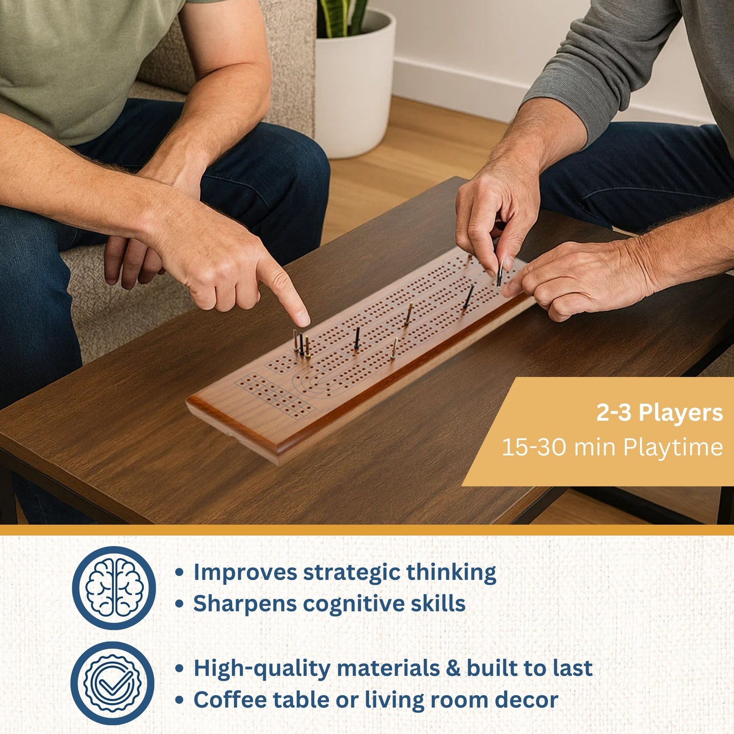 WE Games Classic Cribbage Set - Solid Wood Continuous 3 Track Board with Metal Pegs