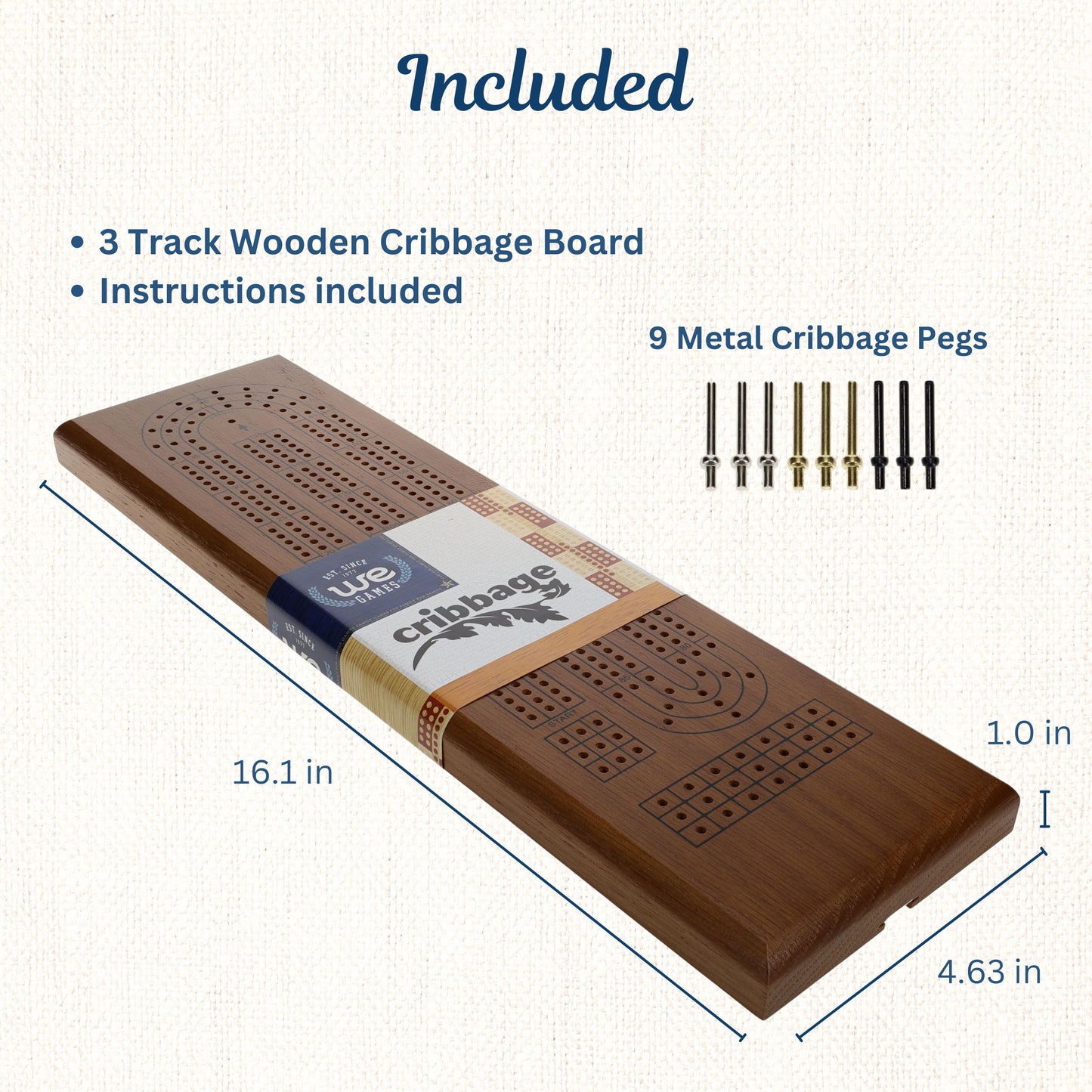 WE Games Classic Cribbage Set - Solid Wood Continuous 3 Track Board with Metal Pegs