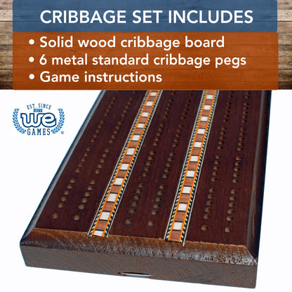 WE Games Classic Cribbage Set - Solid Wood with Inlay Sprint 3 Track Board with Metal Pegs