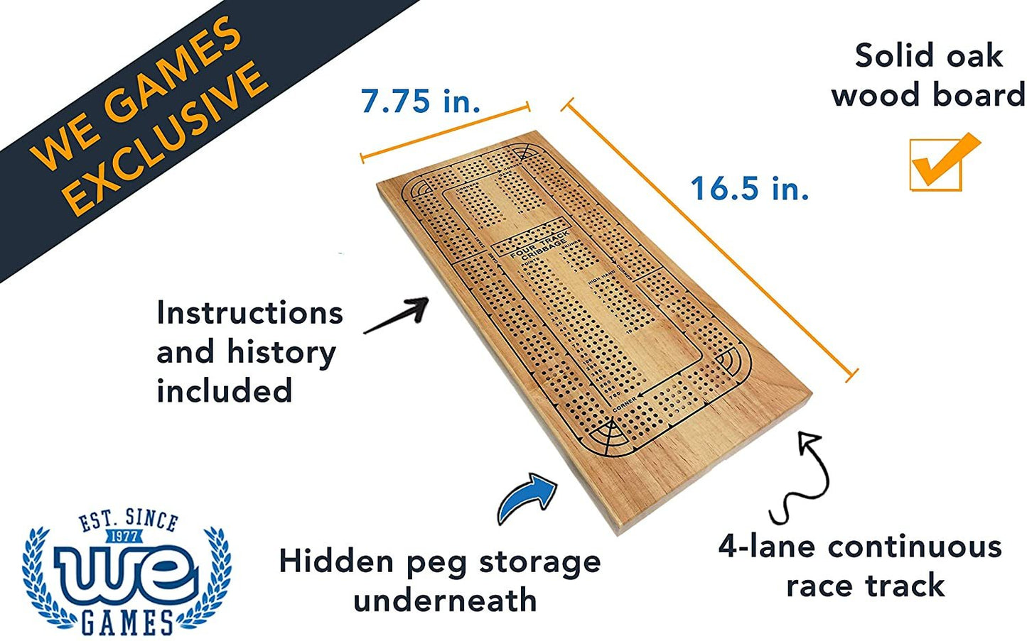 WE Games Classic Solid Wood, 4 Track Cribbage Board