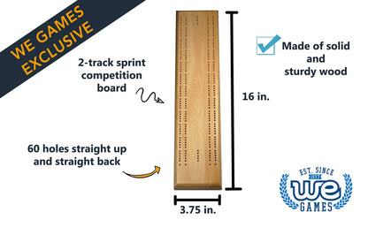 WE Games Competition Cribbage Game - Solid Wood Sprint 2 Track Board with Metal Pegs