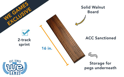 WE Games Competition Cribbage Game - Solid Wood Sprint 2 Track Board with Metal Pegs