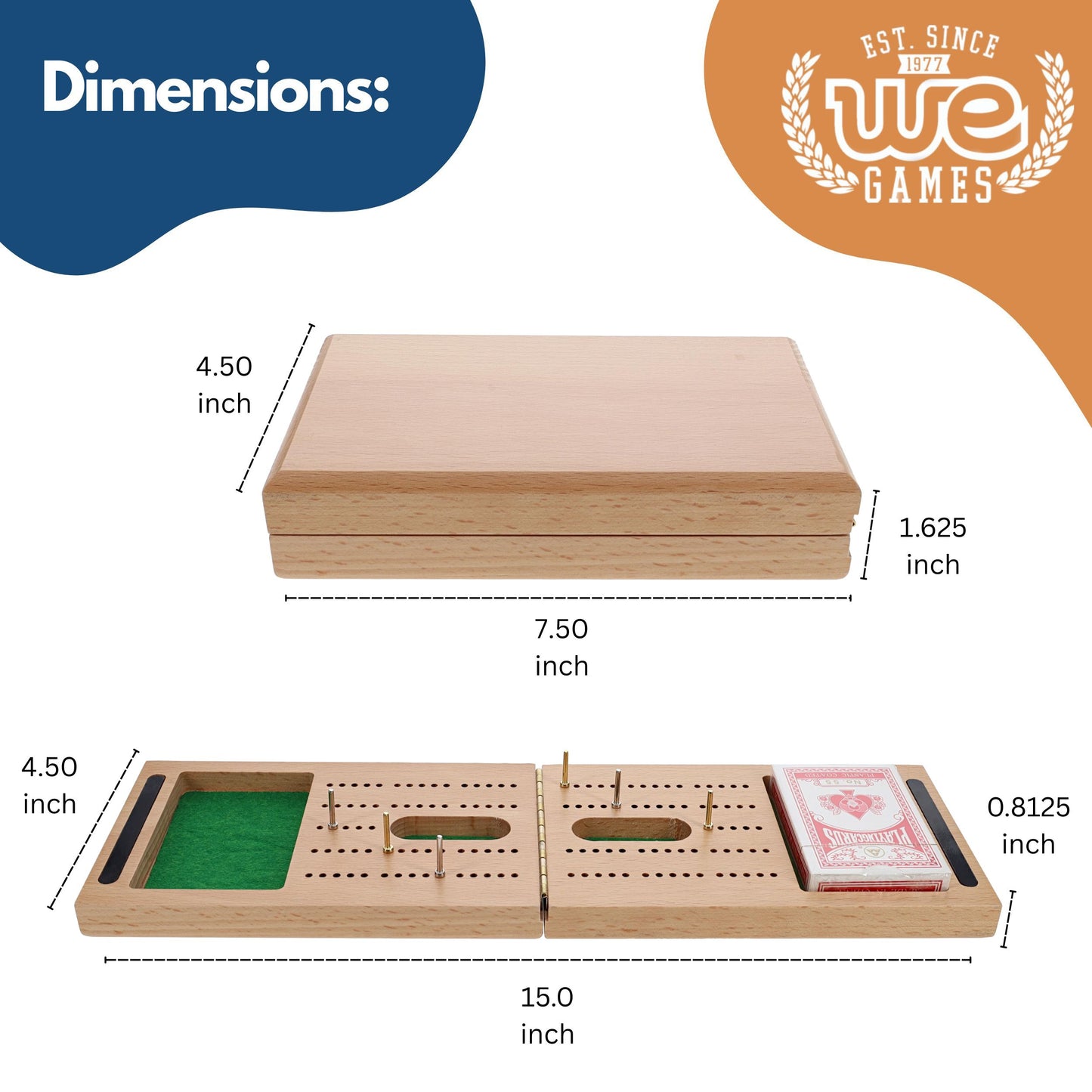 WE Games 2 Track Foldable Travel Cribbage Set w/ Storage, Cards & Metal Pegs - Solid Wood