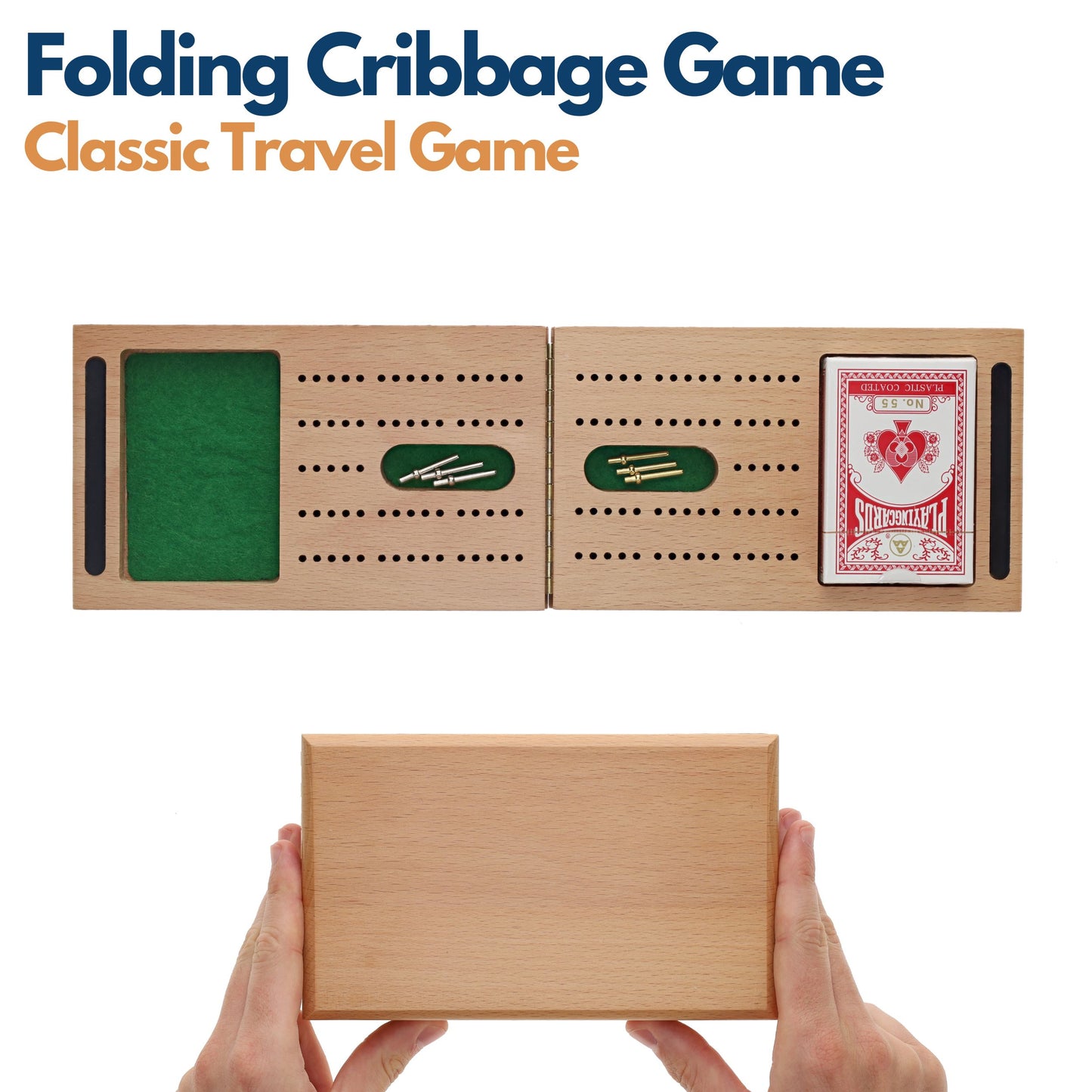 WE Games 2 Track Foldable Travel Cribbage Set w/ Storage, Cards & Metal Pegs - Solid Wood