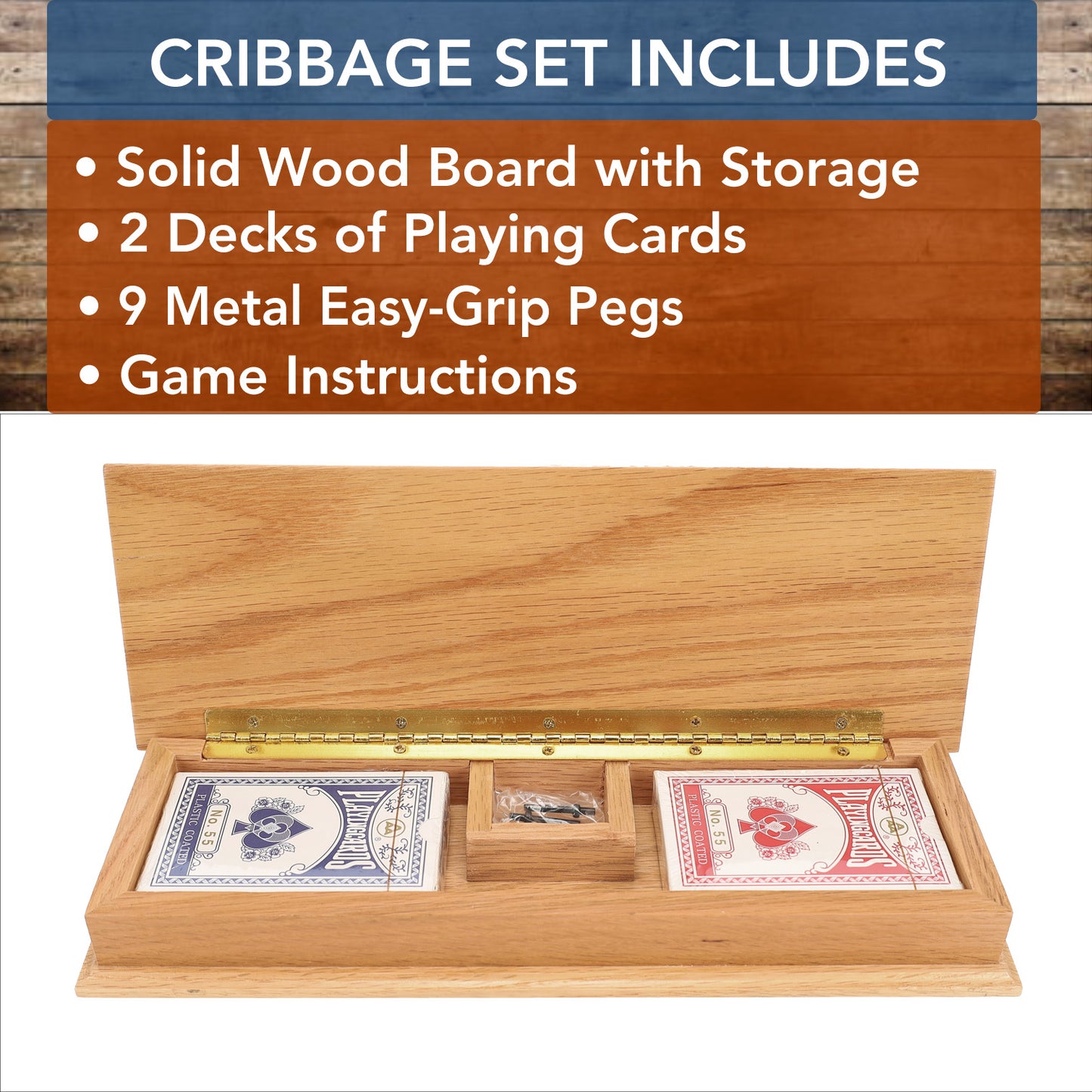 WE Games 3 Track Sprint Cabinet Cribbage Set with Metal Pegs & 2 Card Decks