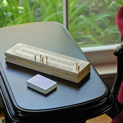 WE Games Cabinet Cribbage Set - Solid Wood Continuous 3 Track Board with Easy Grip Pegs, Cards and Storage Area