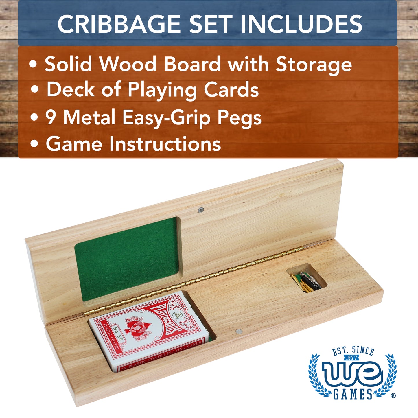 WE Games Cabinet Cribbage Set - Solid Wood Continuous 3 Track Board with Easy Grip Pegs, Cards and Storage Area