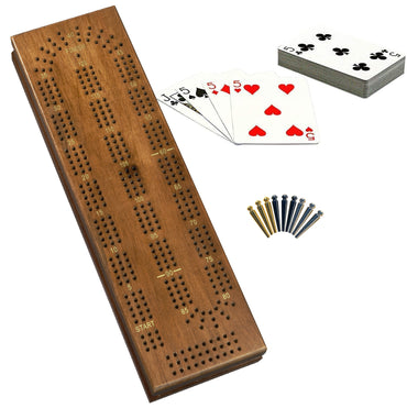 WE Games Cabinet Cribbage Set - Solid Wood Continuous 3 Track Board with Easy Grip Pegs, Cards and Storage Area