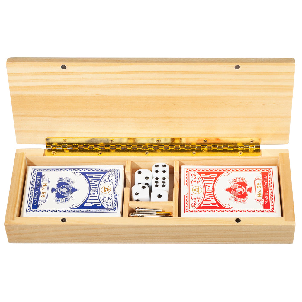 WE Games 3 Player Wooden Cribbage Set - Easy Grip Pegs and 2 Decks of Cards Inside of Board