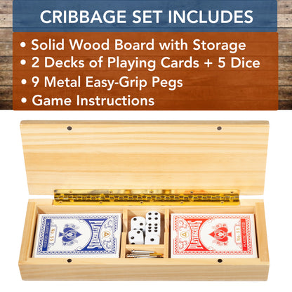 WE Games 3 Player Wooden Cribbage Set - Easy Grip Pegs and 2 Decks of Cards Inside of Board