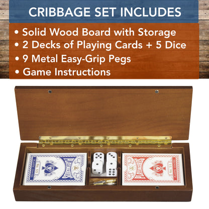 WE Games 3 Player Wooden Cribbage Set - Easy Grip Pegs and 2 Decks of Cards Inside of Board