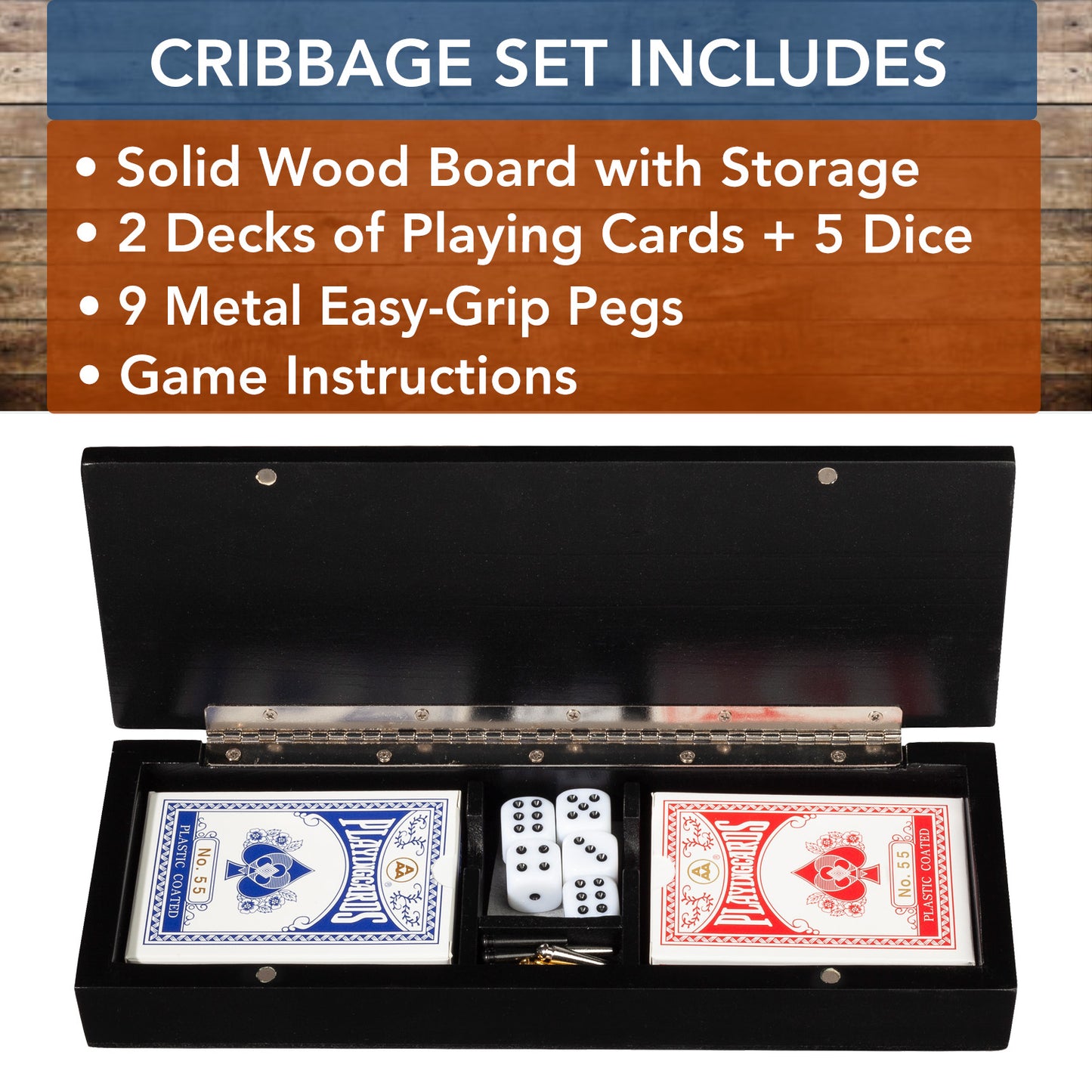 WE Games 3 Player Wooden Cribbage Set - Easy Grip Pegs and 2 Decks of Cards Inside of Board