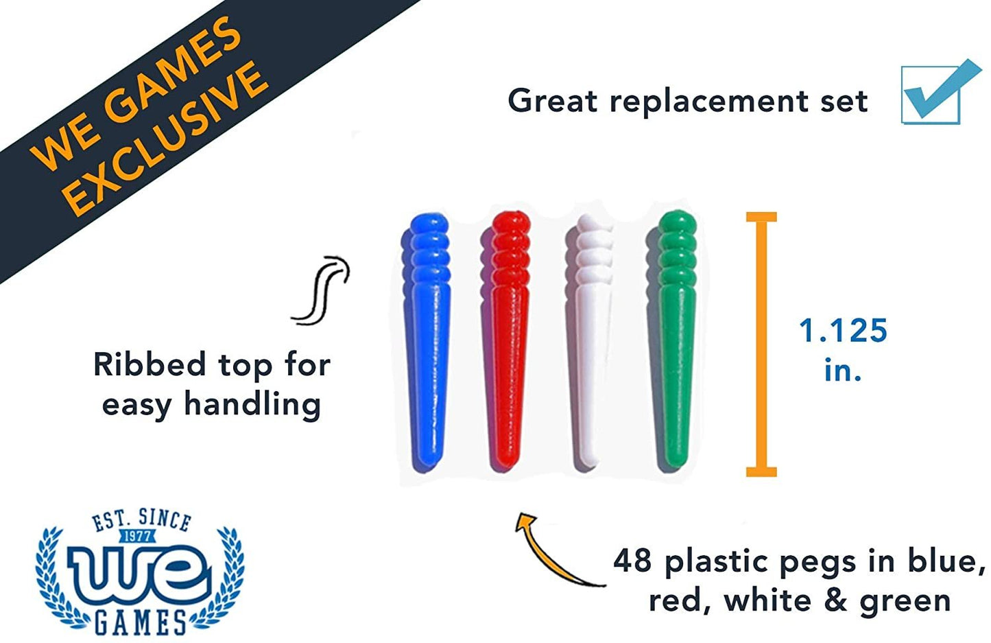 WE Games 48 Standard Plastic Cribbage Pegs w/ a Tapered Design in 4 Colors - Red, Blue, Green & White