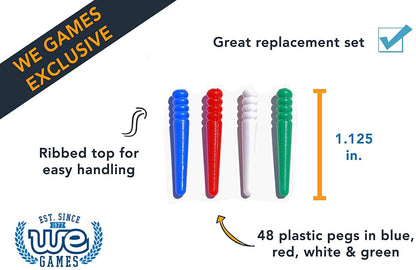 WE Games 48 Standard Plastic Cribbage Pegs w/ a Tapered Design in 4 Colors - Red, Blue, Green & White