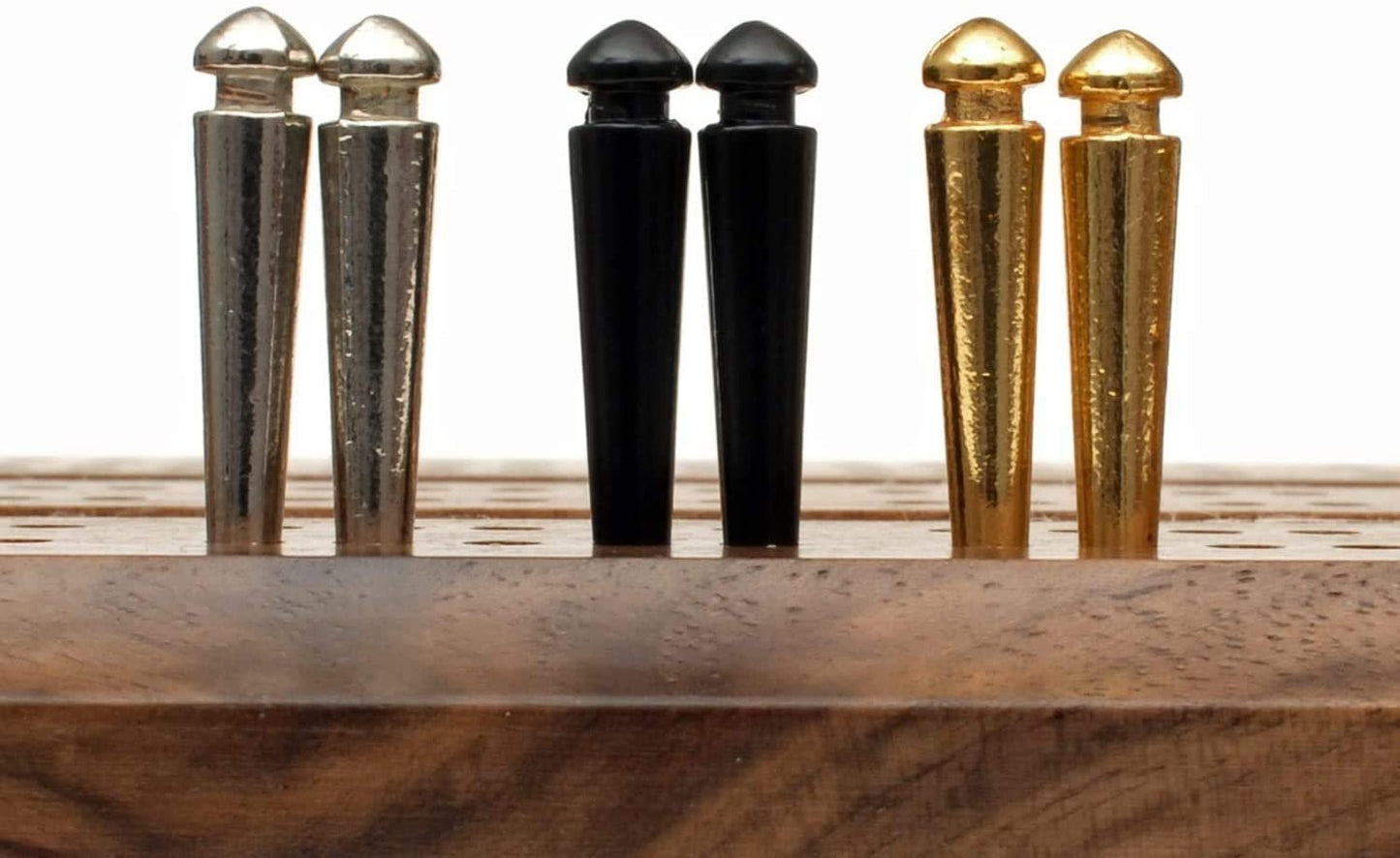 WE Games Tapered Easy Grip Cribbage Pegs w/ Velvet Pouch - Set of 6 (Brass, Chrome & Black)