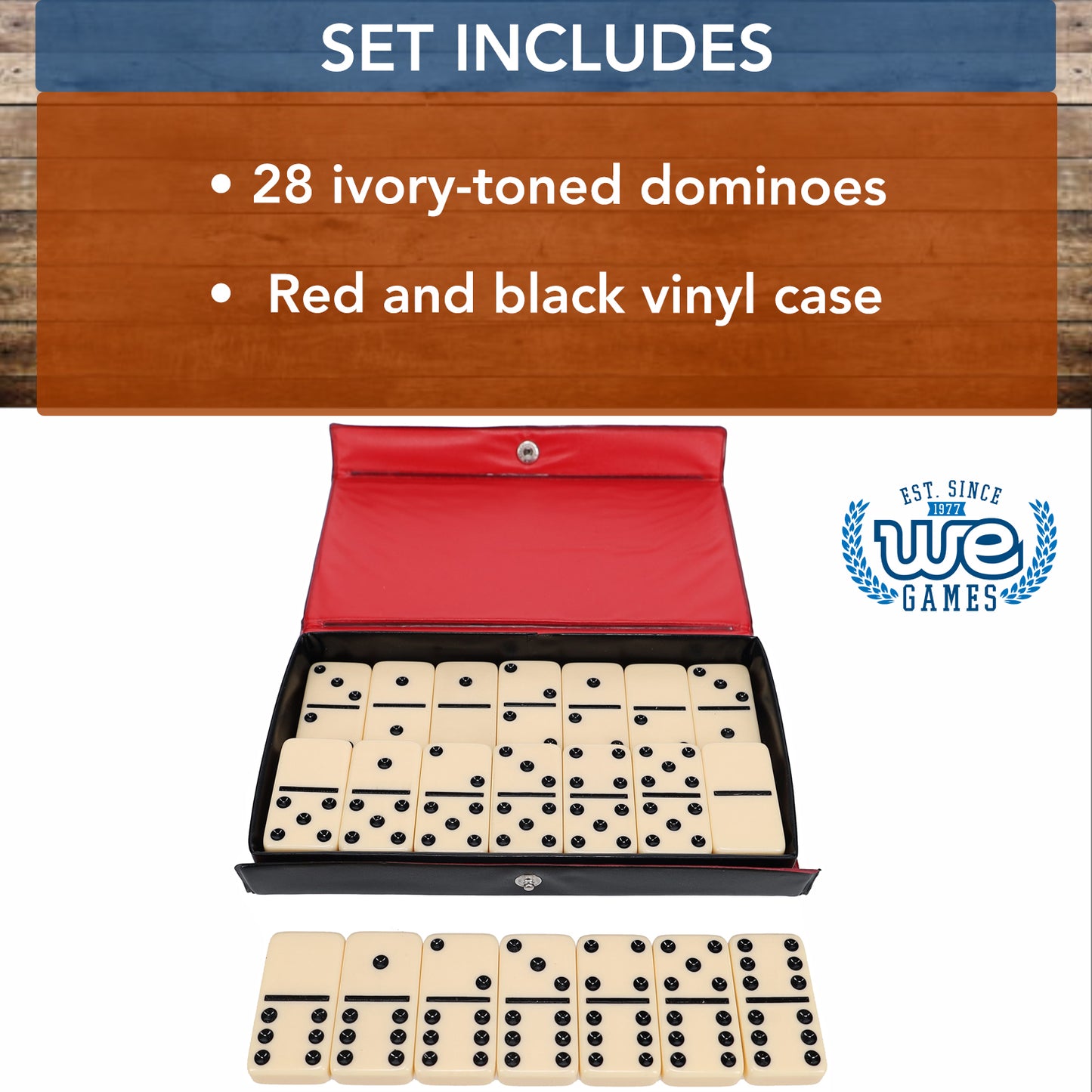 WE Games Double 6 Dominoes - Ivory with Black Vinyl Case