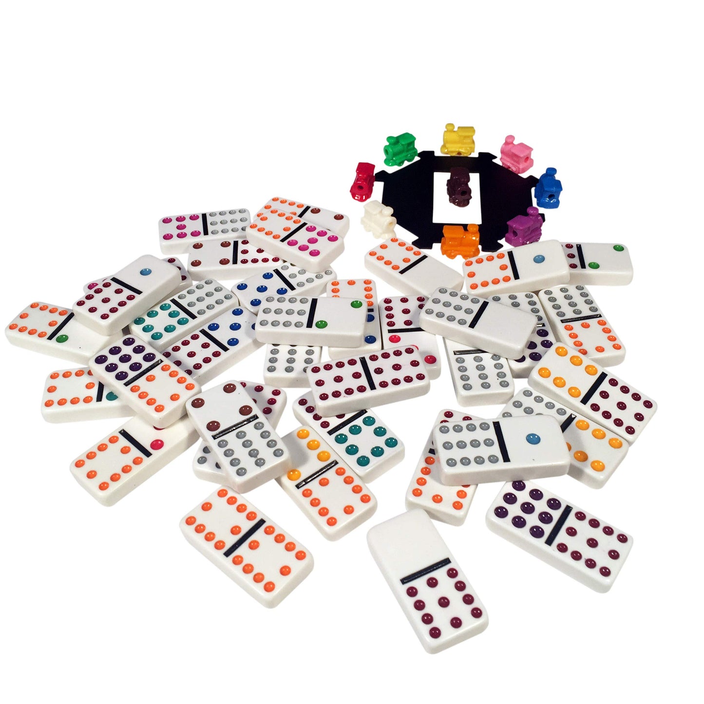 WE Games Mexican Train Dominoes with Wooden Treasure Box - White Tiles with Colored Pips - Thick Size