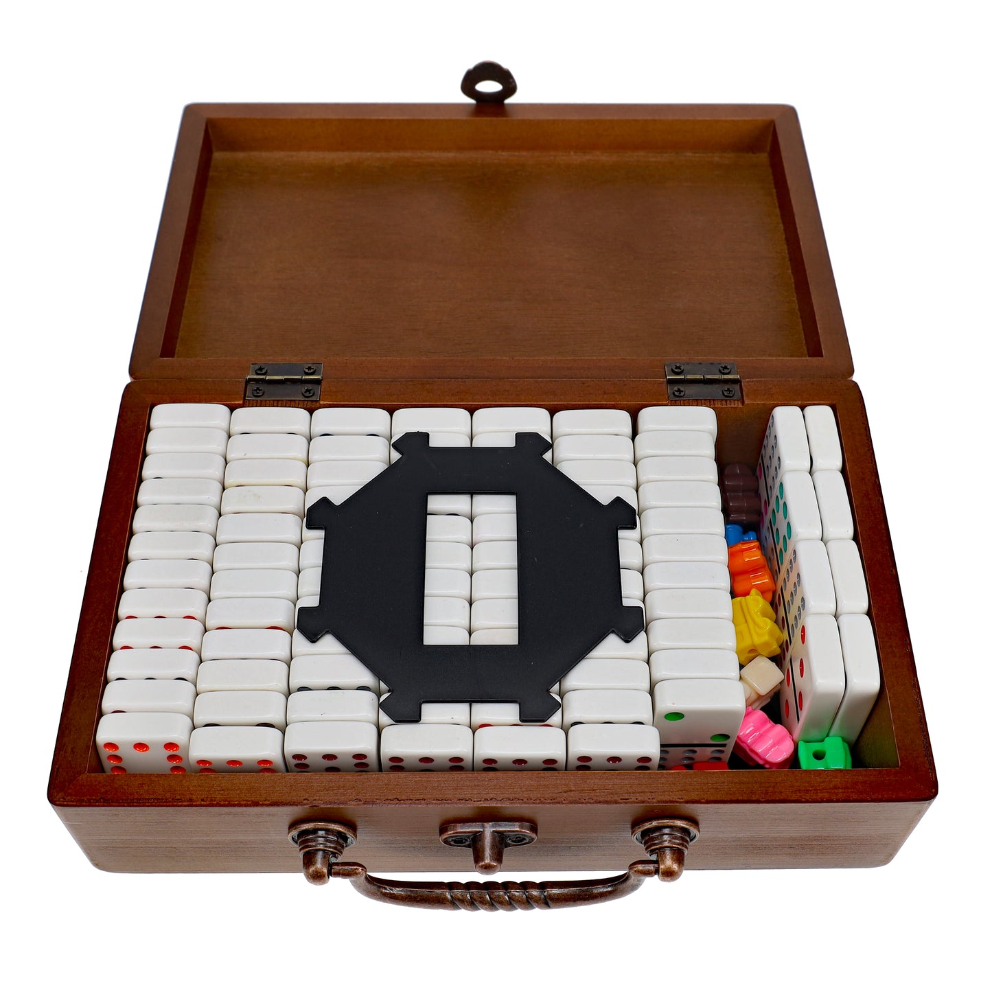 WE Games Mexican Train Dominoes with Wooden Treasure Box - White Tiles with Colored Pips - Thick Size